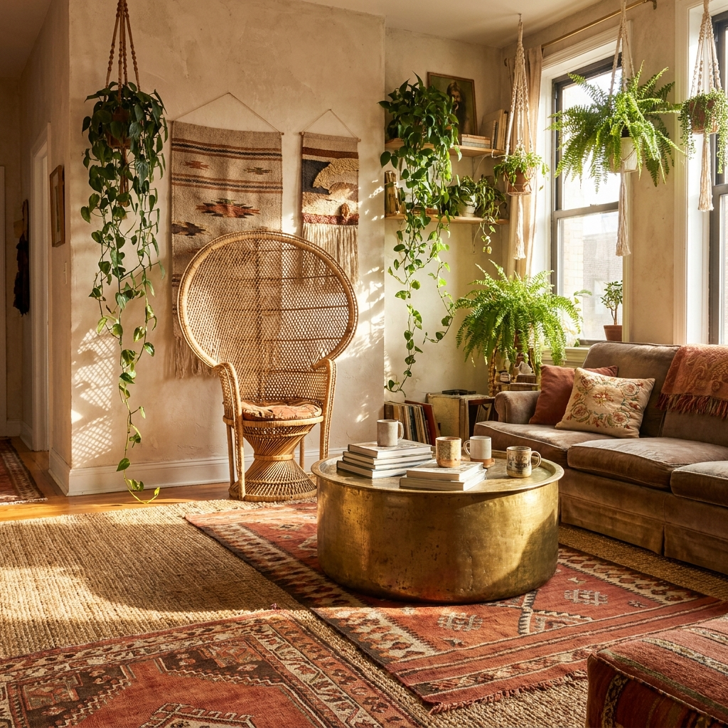 A bohemian apartment living room in golden afternoon sun with rattan and plants