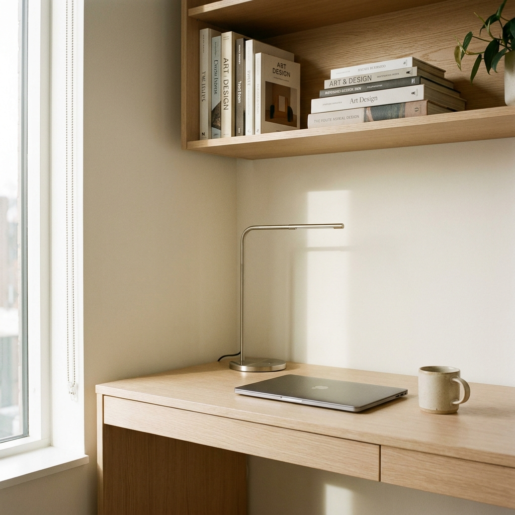 A small home office corner with a pale oak desk in soft afternoon light